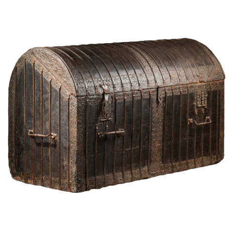 A large and exceptional 15th c. French Gothic leather and iron bound travelling chest