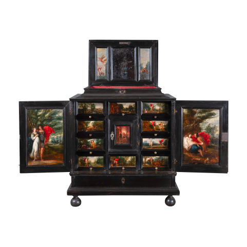 A 17th century Antwerp ebony cabinet with painted panels