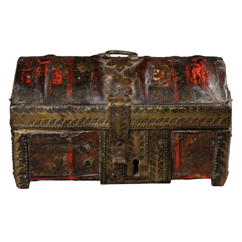 Coffret en cuir repoussé et polychrome, France, fin du XIVe siècle