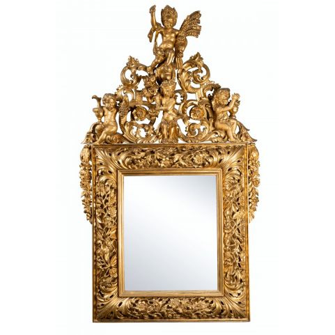 18th century Italian carved gilt wood mirror depicting four seasons