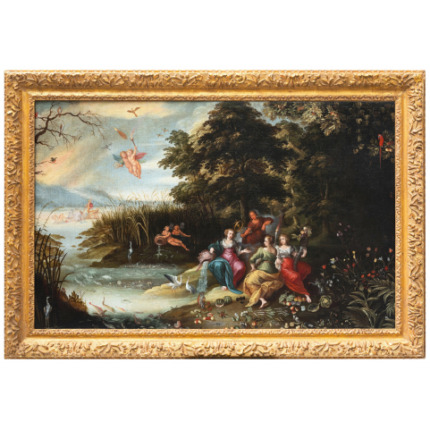 L’allégorie des quatre éléments, élève de Jan Brueghel le Jeune (1601-1678), école Anversoise du XVIIème siècle