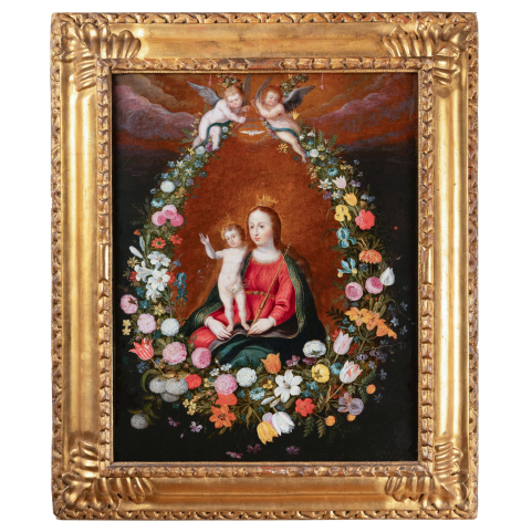 Madonna and Child in a garland of flowers - Studio of Frans Francken II, 17th c. Antwerp school