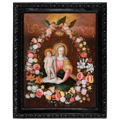 Vierge &agrave; l'Enfant dans une guirlande fleurie - Atelier de Frans Francken II (1581-1642), Ecole Anversoise du XVII&egrave;me si&egrave;cle