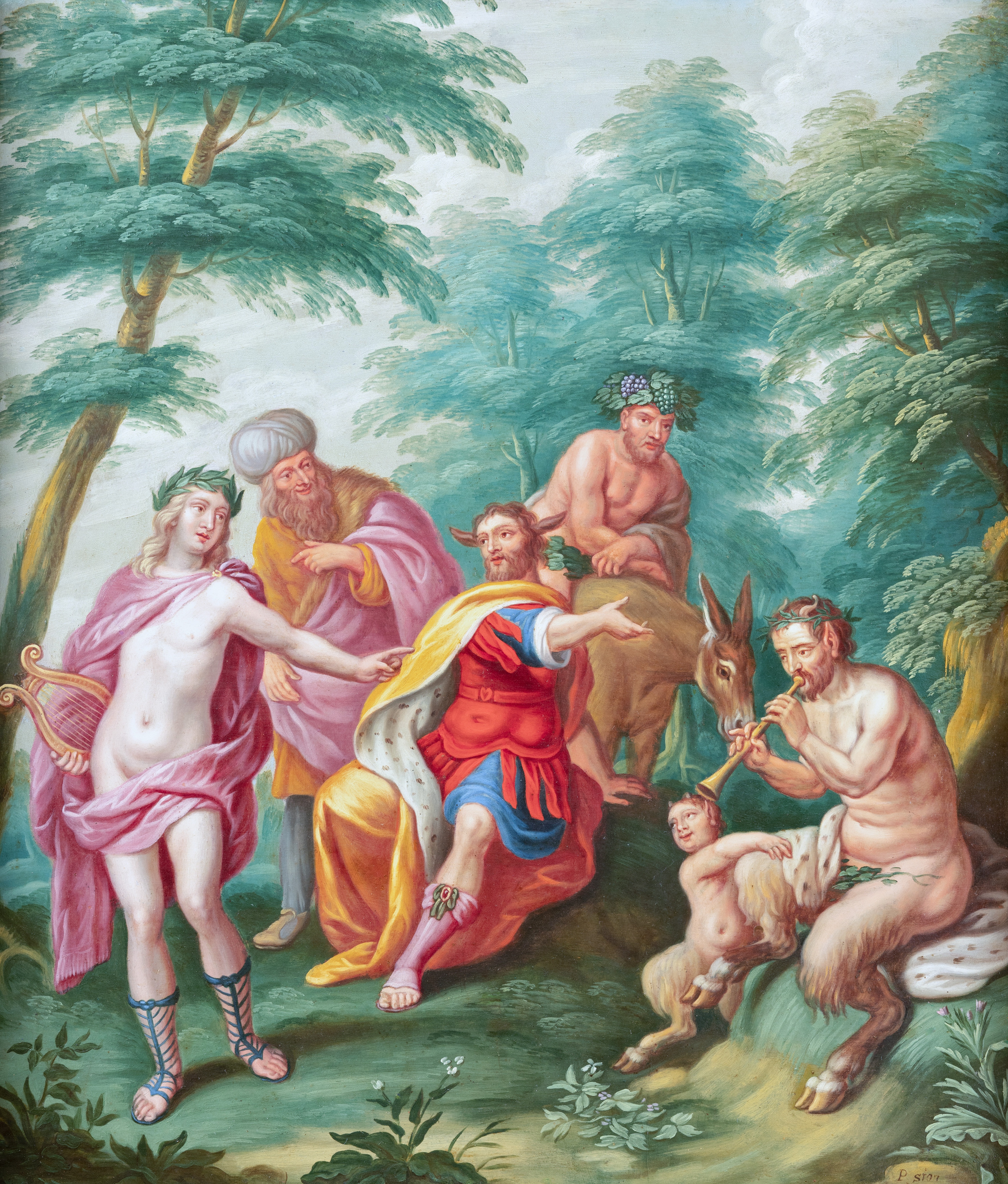 Apollon et Marsyas, Peter Sion , huile sur cuivre, Anvers, XVII&egrave;me si&egrave;cle