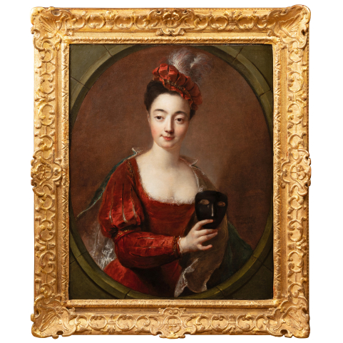 Portrait de dame en habit de bal masqu&eacute; sign&eacute; Fran&ccedil;ois de Troy, &eacute;poque R&eacute;gence